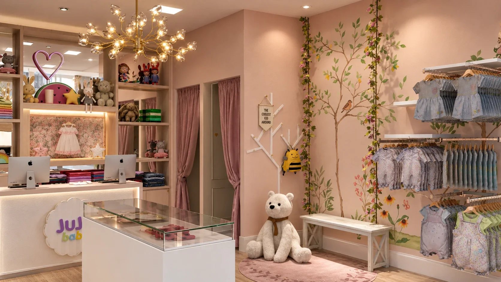 Interior da loja Juju Baby, projeto da North: lustre dourado, mural de árvore com passarinho, provadores com cortinas rosadas e urso de pelúcia