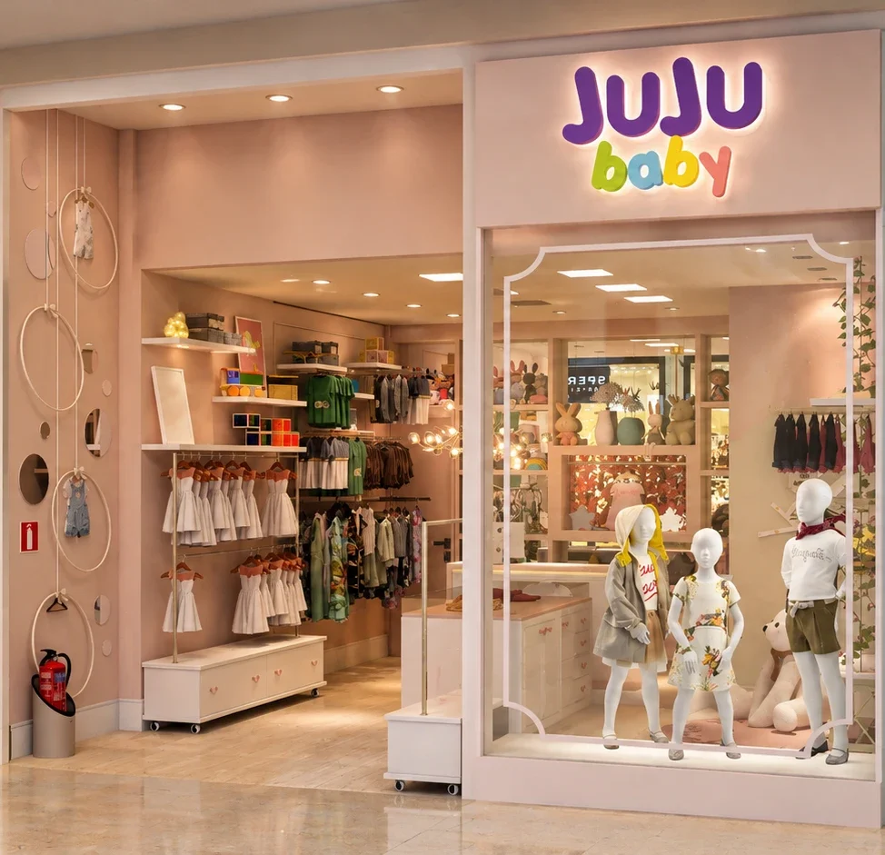 Imagem do projeto da fachada da Juju Baby: tons rosados, arcos com roupas suspensas e vitrine emoldurada
